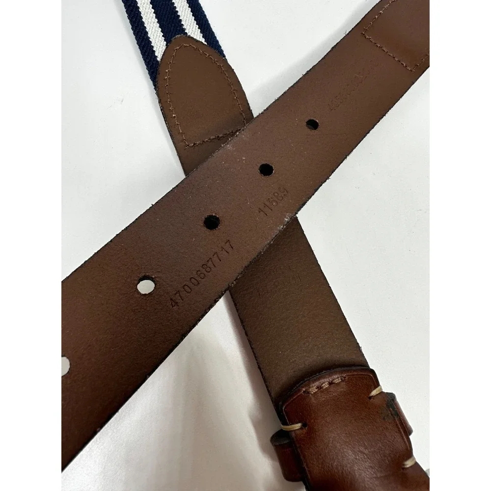Polo Ralph Lauren Belt Sz 36 Blue White Striped Brown Leather Horse Preppy